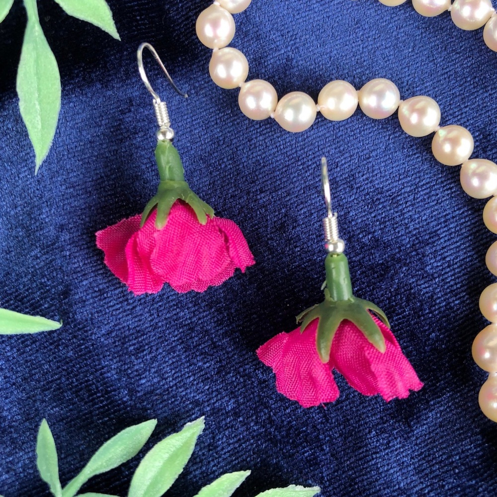 Bright Pink Flower Bud Dangle Earrings